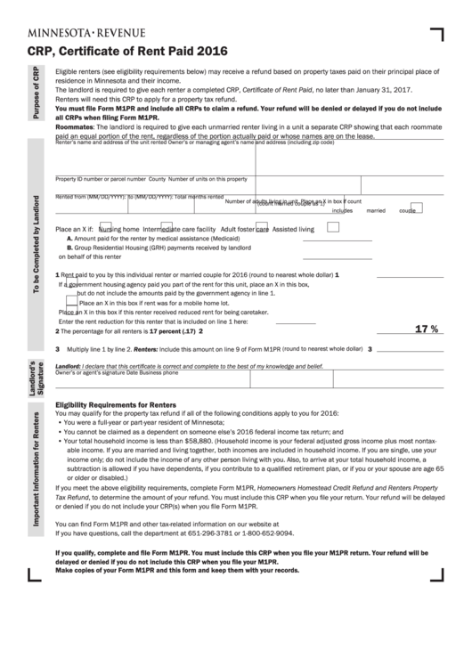 Fillable Form Crp Certificate Of Rent Paid Minnesota Department Of 