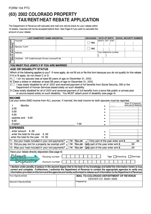 Form 104 Ptc Colorado Property Tax rent heat Rebate Application