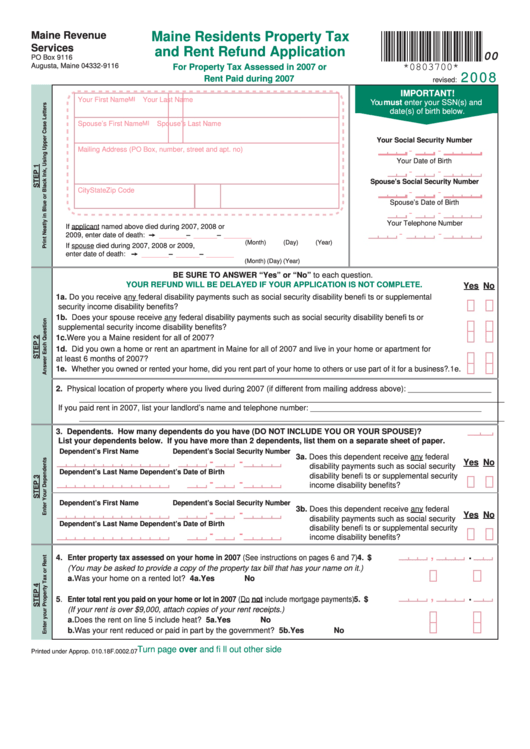 Maine Residents Property Tax And Rent Refund Application Form 2008 